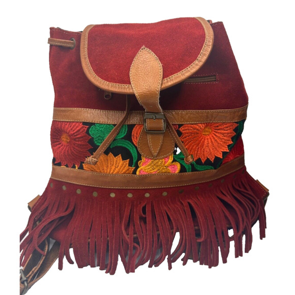 Unique Suede Handmade Boho Backpack Embroidered Tribal Aztec Southwest Hippy